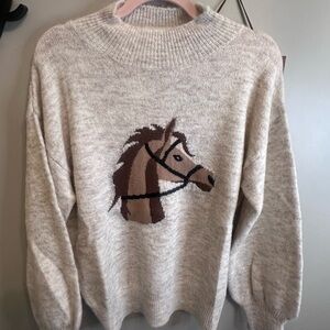 Chic Beige Horse Motif Turtleneck Sweater